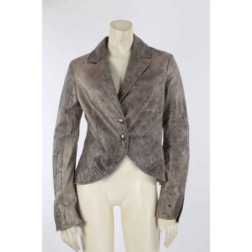 Vintage Blue Deep Gray Distressed Leather Button Blazer Jacket Size 42